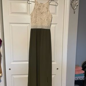 Cream lace, olive silk dress
